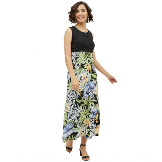 Indoraa Women's Rayon Floral Sleeveless Calf-length Dress (Multicolor)