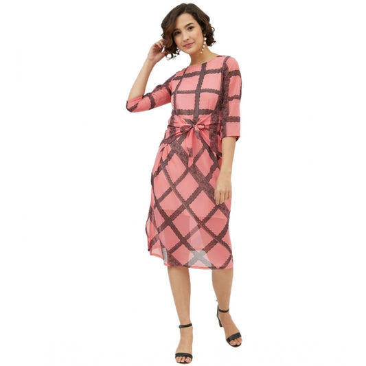 Indoraa Women's Polyester Checkered 3-4th Sleeves Below Knee Dress (Pink)