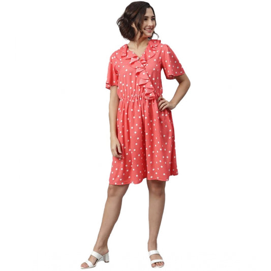 Indoraa Women's Polyester Polka Flutter Above Knee Dress (Coral)