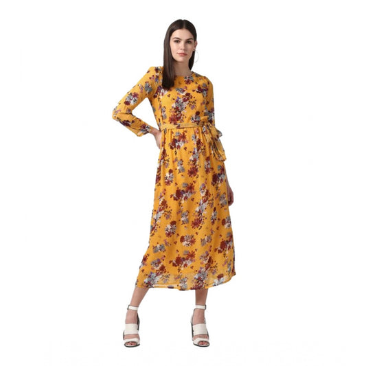 Indoraa Women's Polyester Floral Long Sleeves Calf-length Dress (Yellow)