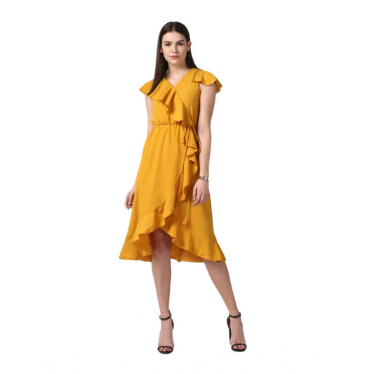 Indoraa Women's Polyester Ruffled Cap Sleeve Knee-Length Dress (Yellow)