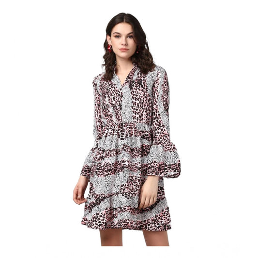 Indoraa Women's Polyester Animal Print Bell Sleeve Above Knee Dress (Pink - Black)