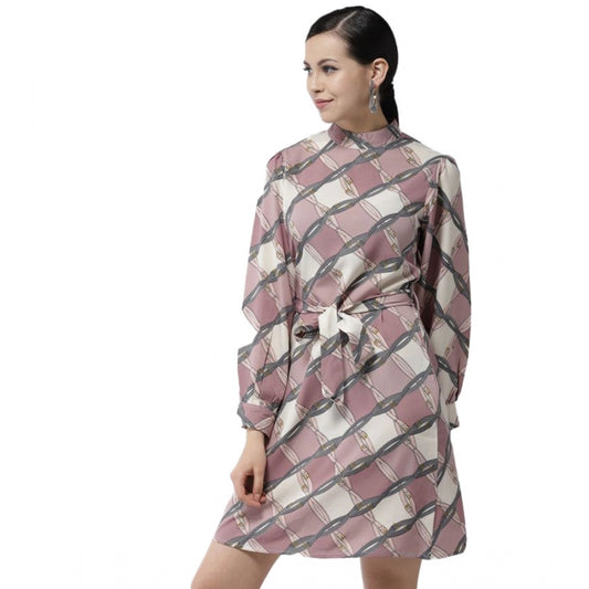 Indoraa Women's Polyester Checkered Long Sleeves Above Knee Dress (Off White - Lavender)