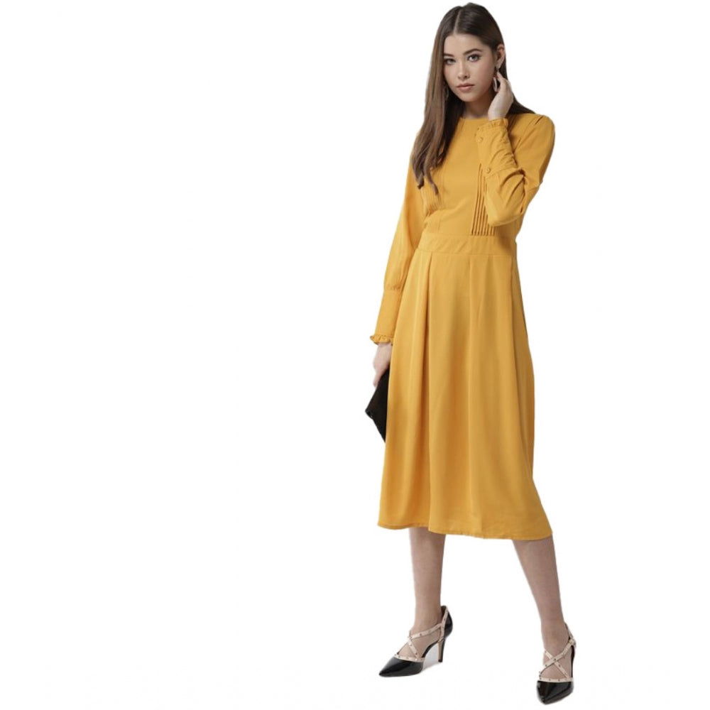 Indoraa Women's Polyester Pintuck Long Sleeves Below Knee Dress (Yellow)