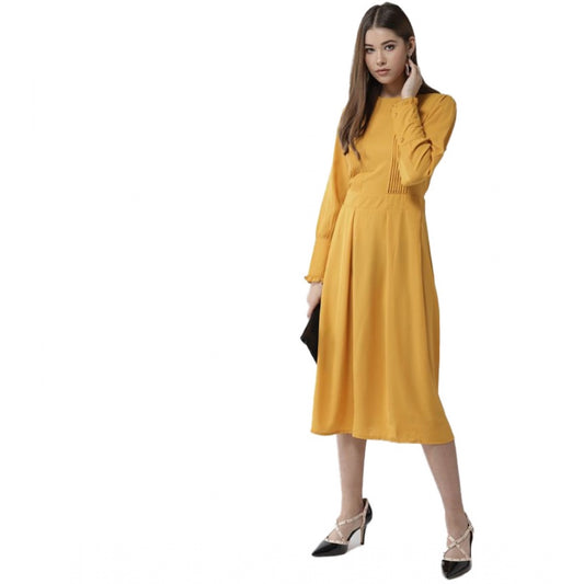 Indoraa Women's Polyester Pintuck Long Sleeves Below Knee Dress (Yellow)