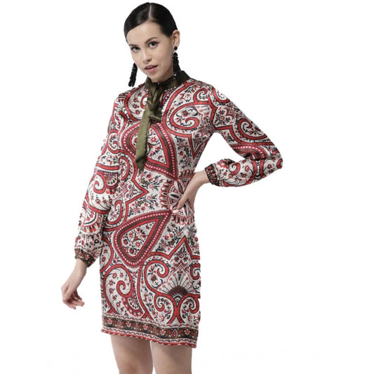 Indoraa Women's Polyester Printed Long Sleeves Above Knee Dress (Red)