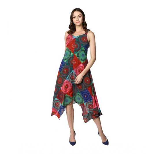 Indoraa Women's Polyester Asymmetrical Shoulder Straps Knee-Length Dress (Multicolor)
