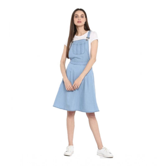 Indoraa Women's Denim Solid Sleeveless Above Knee Dress (Blue)