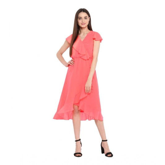 Indoraa Women's Polyester Ruffled Cap Sleeve Below Knee Dress (Coral Pink)