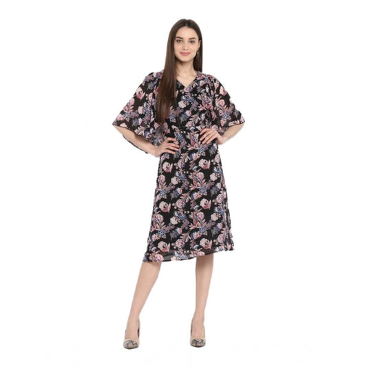 Indoraa Women's Polyester Floral Short Sleeve Knee-Length Dress (Black - Multicolor)