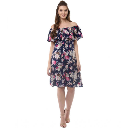 Indoraa Women's Polyester Crepe Floral Half Sleeve Above Knee Dress (Navy Blue)