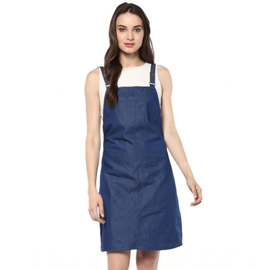 Indoraa Women's Denim Solid Shoulder Straps Above Knee Dress (Blue)