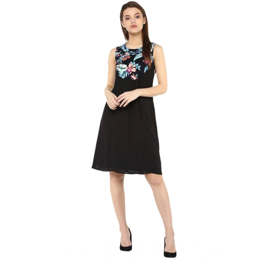 Indoraa Women's Polyester Printed Sleeveless Above Knee Dress (Black - Multicolor)