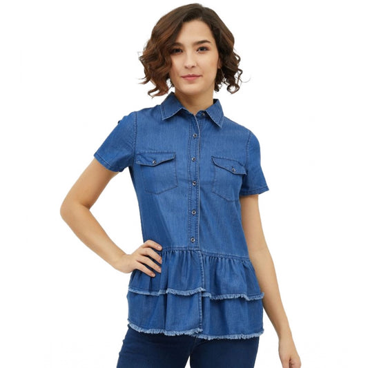 Indoraa Women's Denim Peplum Short Sleeve Top (Blue)