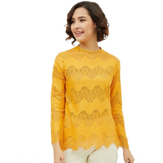 Indoraa Women's Cotton Lace Inserts Long Sleeves Top (Yellow)