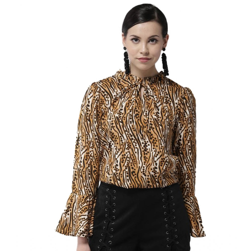 Indoraa Women's Polyester Printed Bell Sleeve Top (Orange - Black)
