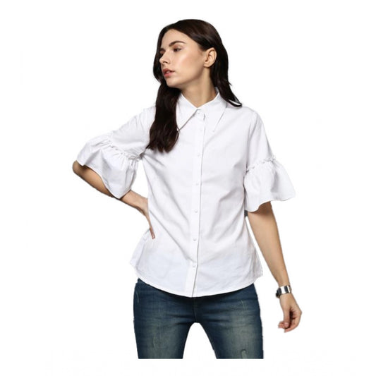 Indoraa Women's Cotton Solid Bell Sleeve Top (White)