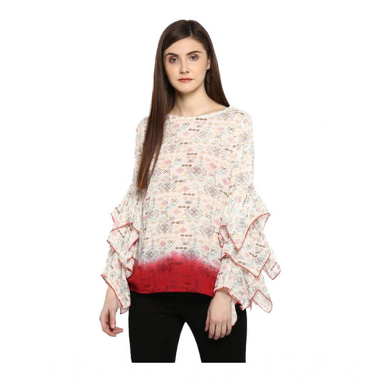 Indoraa Women's Rayon Crepe Printed Ruffle Sleeve Top (Off White - Red)