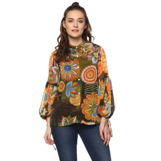 Indoraa Women's Polyester Floral Balloon Sleeve Top (Mustard - Olive)