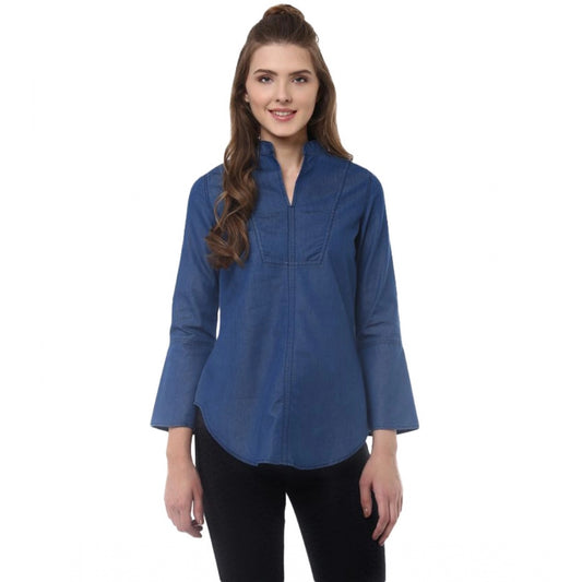Indoraa Women's Denim Solid Bell Sleeve Regular Top (Blue Denim)