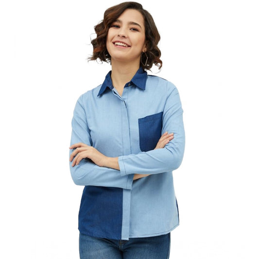 Indoraa Women's Denim Patch Work Long Sleeves Standard Length Shirt (Blue)