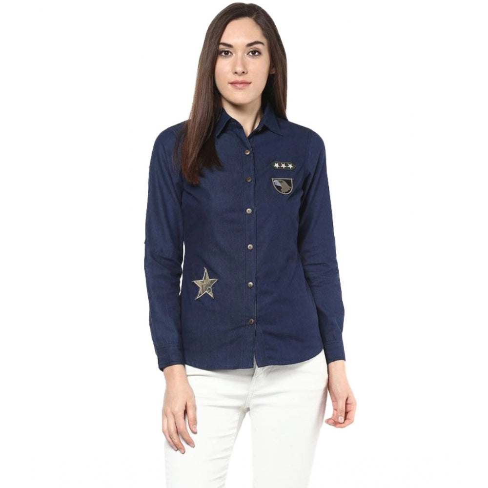 Indoraa Women's Denim Patch Work Long Sleeves Standard Length Shirt (Blue)