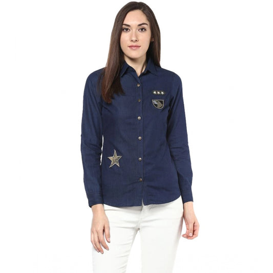 Indoraa Women's Denim Patch Work Long Sleeves Standard Length Shirt (Blue)
