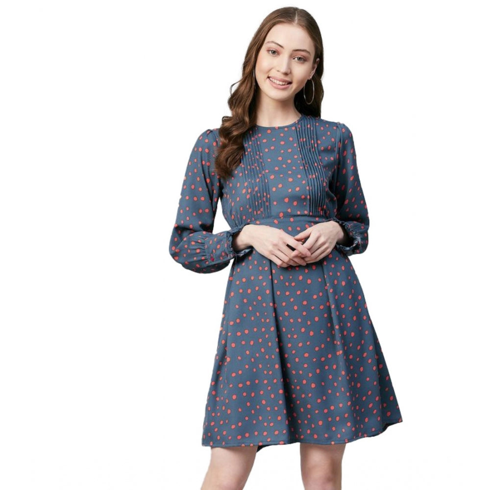 Indoraa Women's Polyester Polka Long Sleeves Above Knee Dress (Grey - Coral)