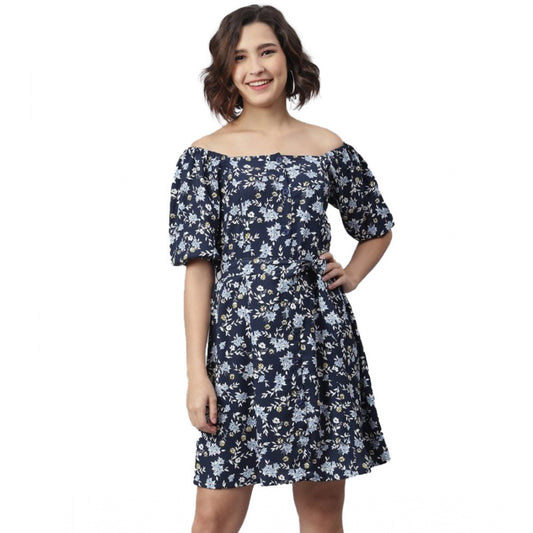 Indoraa Women's Polyester Off Shoulder Half Sleeve Above Knee Dress (Blue)