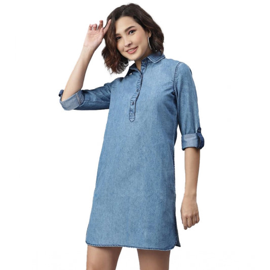 Indoraa Women's Denim Solid Long Sleeves Above Knee Dress (Ice Blue)