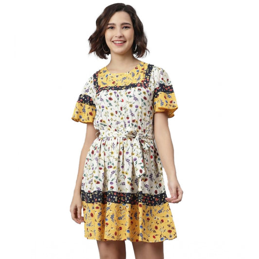 Indoraa Women's Polyester Floral Flutter Above Knee Dress (Multicolor)