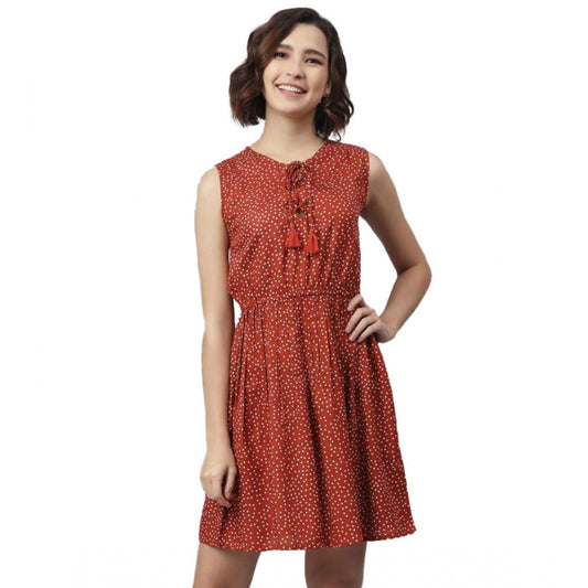 Indoraa Women's Rayon Polka Sleeveless Above Knee Dress (Rust)