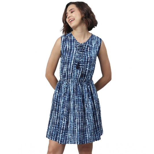 Indoraa Women's Rayon Tie &amp; Dye Sleeveless Above Knee Dress (Blue)