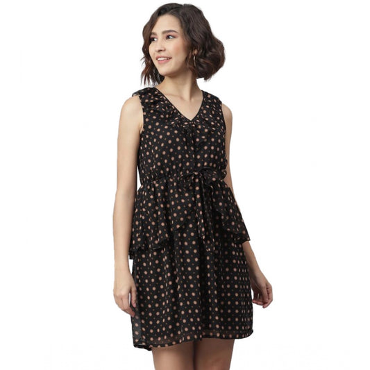 Indoraa Women's Polyester Peplum Sleeveless Above Knee Dress (Black)