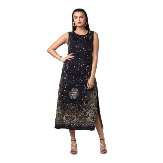 Indoraa Women's Rayon Floral Sleeveless Calf-length Dress (Black)