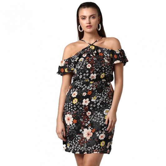 Indoraa Women's Polyester Floral Cold Shoulder Above Knee Dress (Black)