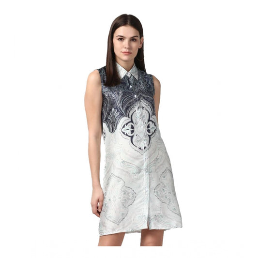 Indoraa Women's Polyester Printed Sleeveless Above Knee Dress (Blue)
