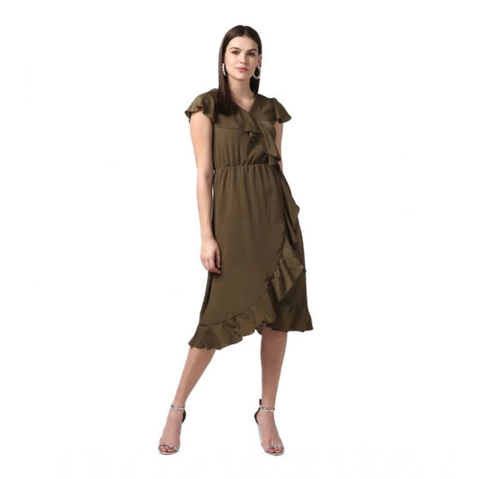 Indoraa Women's Polyester Ruffled Cap Sleeve Knee-Length Dress (Olive)