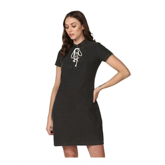 Indoraa Women's Denim Solid Short Sleeve Above Knee Dress (Black)