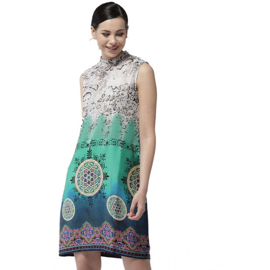 Indoraa Women's Polyester Printed Sleeveless Above Knee Dress (Multicolor)