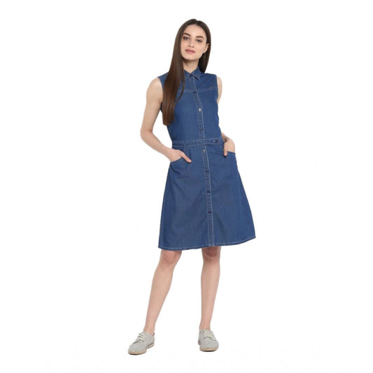 Indoraa Women's Denim Solid Sleeveless Above Knee Dress (Blue)