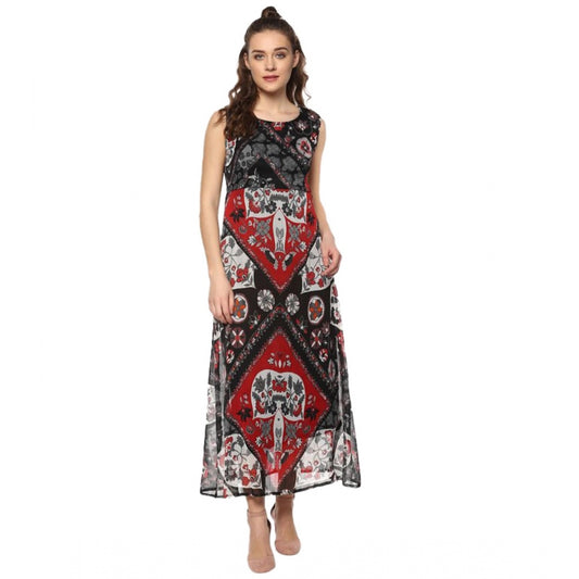 Indoraa Women's Polyester Printed Sleeveless Dress (Red - Black)