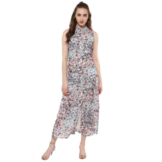Indoraa Women's Polyester Chiffon Printed Sleeveless Dress (Multicolor)