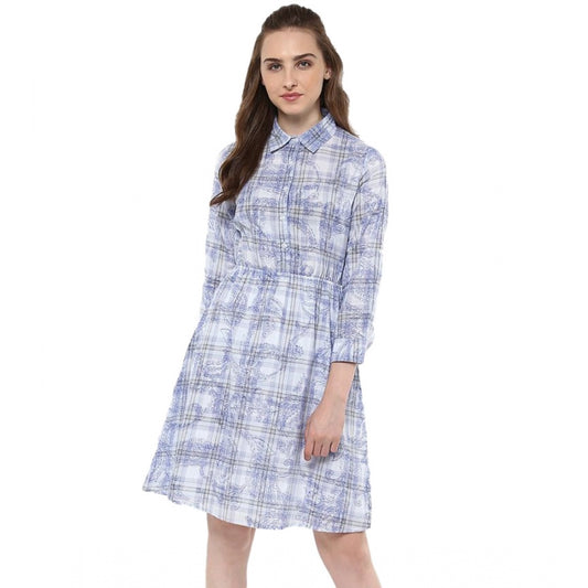 Indoraa Women's Cotton Checkered Roll Up Sleeve Above Knee Dress (Blue)