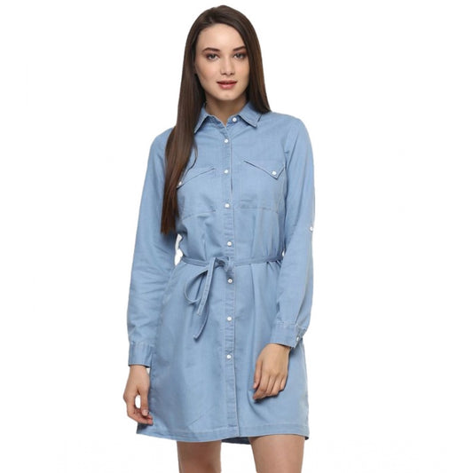 Indoraa Women's Denim Solid Long Sleeves Above Knee Dress (Blue)