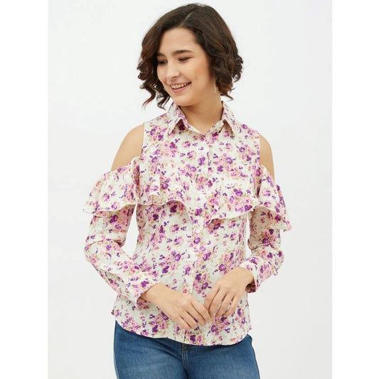 Indoraa Women's Polyester Floral Cold Shoulder Standard Length Shirt (White)