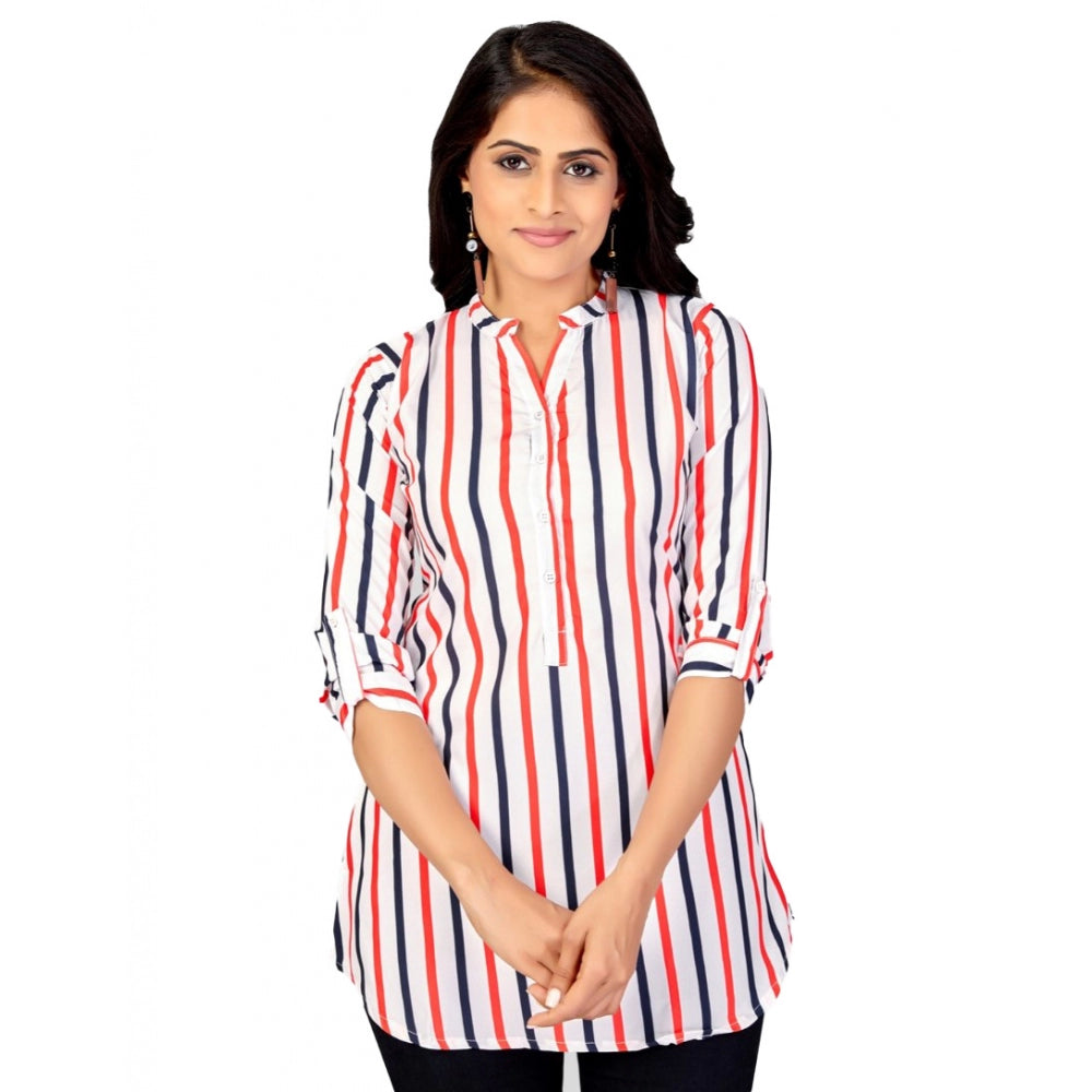 Indoraa Women's Poly Crepe Mandarin Collar 3/4 Sleeves Short Top (White)