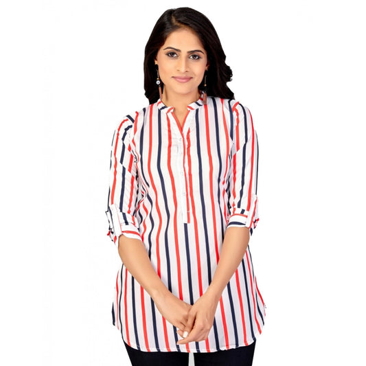 Indoraa Women's Poly Crepe Mandarin Collar 3/4 Sleeves Short Top (White)