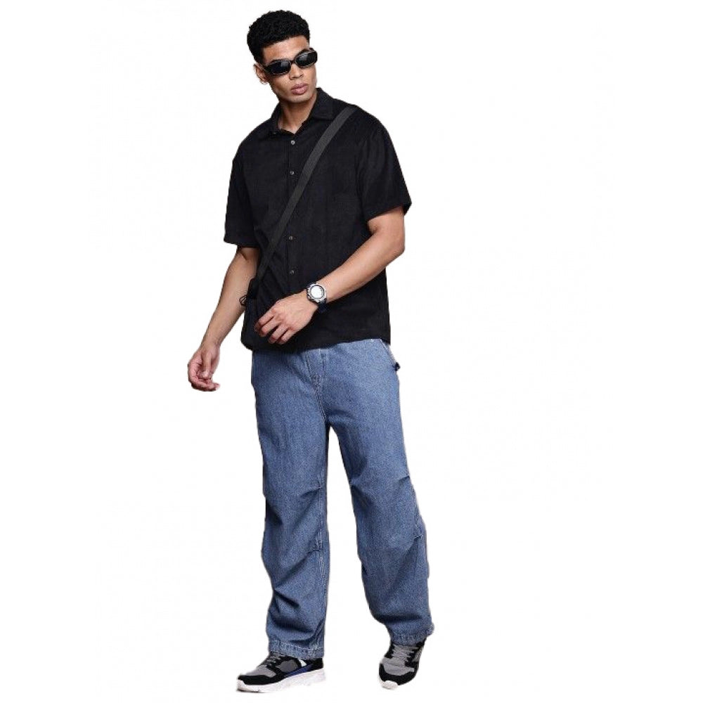 Indoraa Men's Cotton Blend Solid Half-Sleeve Regular Shirt (Black)