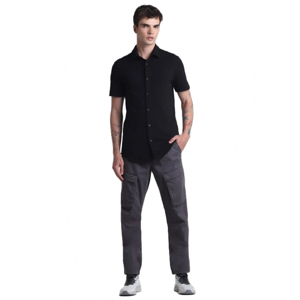 Indoraa Men's Cotton Blend Solid Half-Sleeve Regular Shirt (Black)